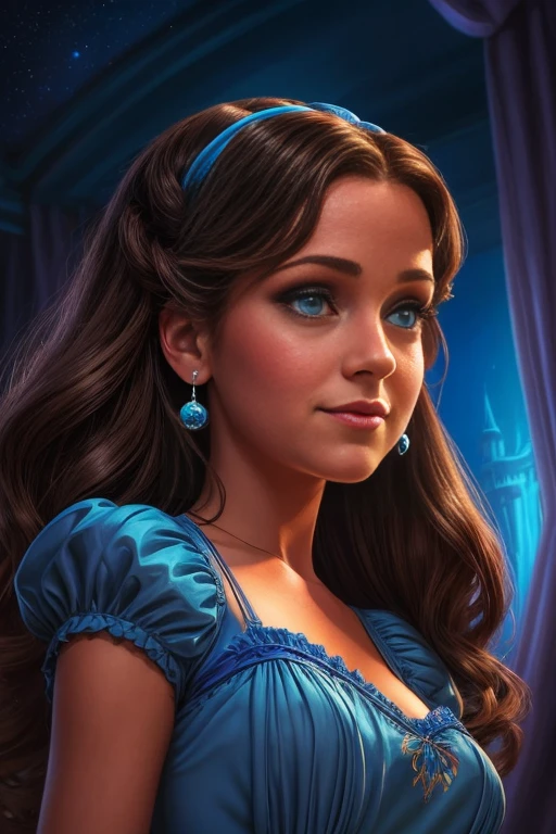 a close up of a woman in a blue dress and stockings, photorealistic disney, art in the style of disney, in style of disney animation, disney character, inspired by Greg Hildebrandt, disney photo realistic, inspired by Tim and Greg Hildebrandt, inspired by Ron English, princess intergalactica, disney artstyle, inspired by hajime sorayama