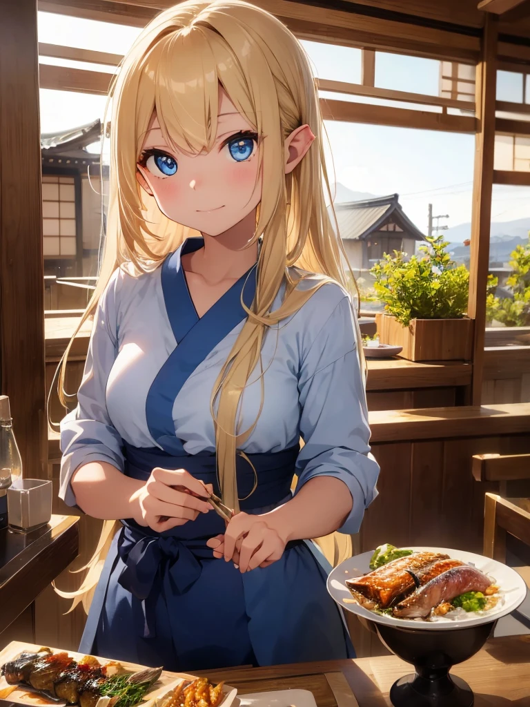 high quality, 8k. masterpiece, high quality, High resolution, Izakaya、A beautiful elven woman with long blonde hair and blue eyes、Grilled saury with salt、Japanese sake、Eating with gusto