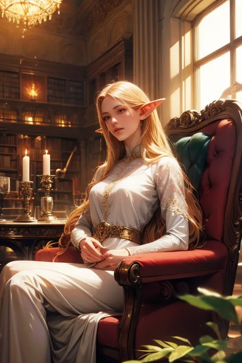 a beautiful elf girl with long, flowing hair sitting in an armchair in a library, taking a sip of wine, surrounded by a surreal,...