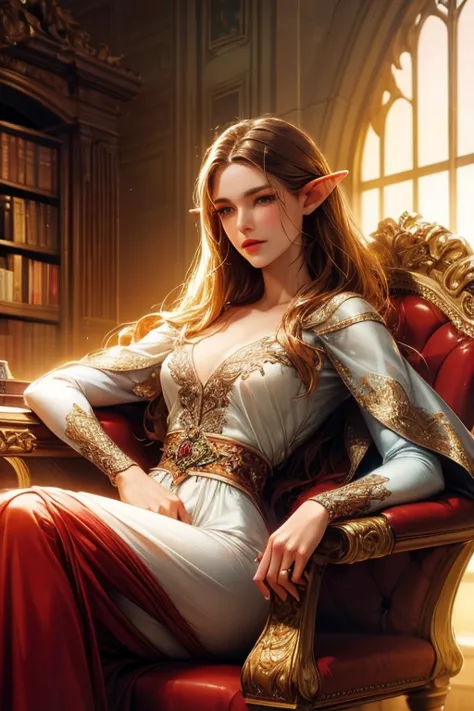 a beautiful elf girl with long, flowing hair sitting in an armchair in a library, taking a sip of wine, surrounded by a surreal,...