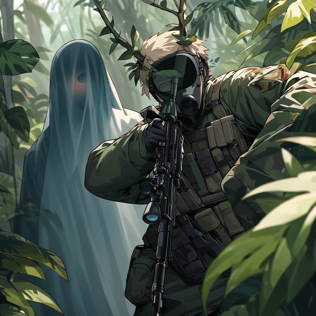 ((Invisible Man:1.5))、Stealth Infantry Combat Group、Invisible Manの複数の女性兵士、The outline of the body is blurred and unclear、He pointed the muzzle of his sniper rifle at me and glared at me.、Hiding in the dense jungle、Apply detail paint to face、Assimilating into the jungle、The face and hands are barely visible.。It&#39;s dark because the sunlight doesn&#39;t reach the deep jungle.。