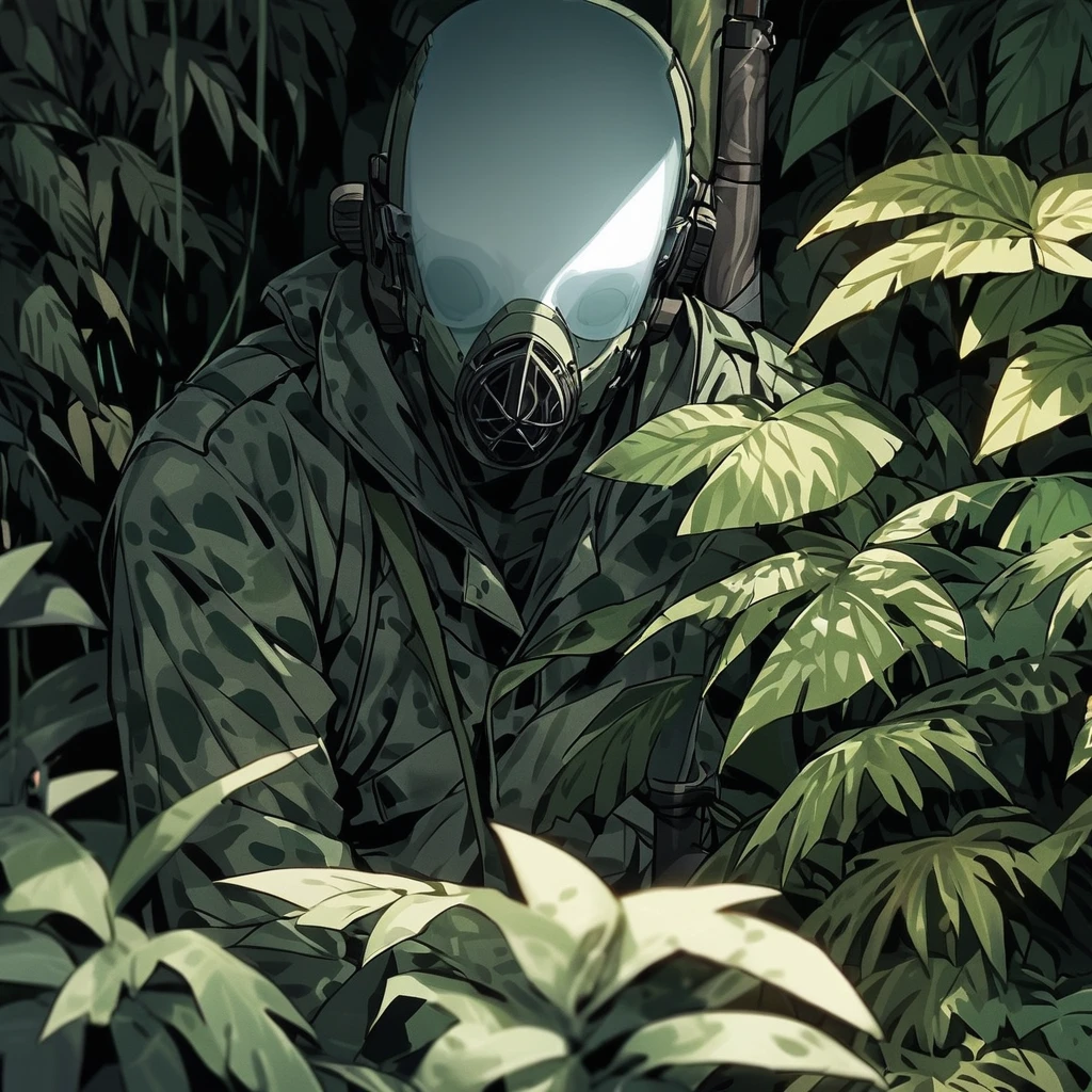 ((Invisible Man:1.5))、Stealth Infantry Combat Group、Invisible Manの複数の女性兵士、The outline of the body is blurred and unclear、He pointed the muzzle of his sniper rifle at me and glared at me.、Hiding in the dense jungle、Apply detail paint to face、Assimilating into the jungle、The face and hands are barely visible.。It&#39;s dark because the sunlight doesn&#39;t reach the deep jungle.。