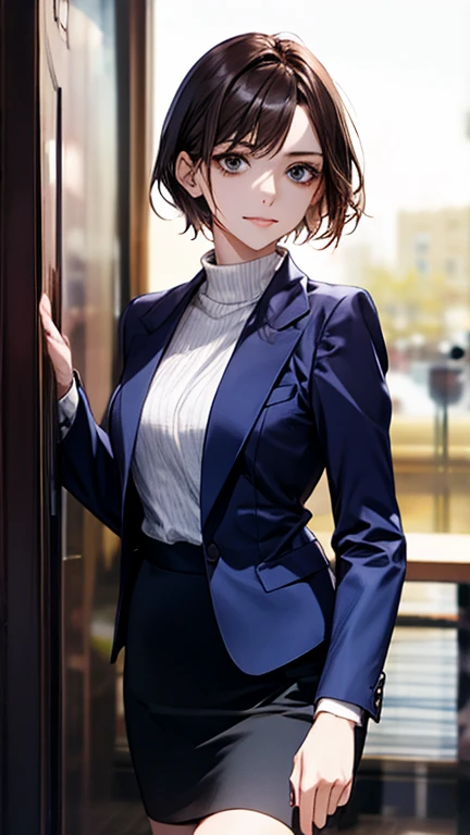 A career woman, 3, wearing a suit, Hairstyle: Short Hair Permanent, Navy blue skirt underneath