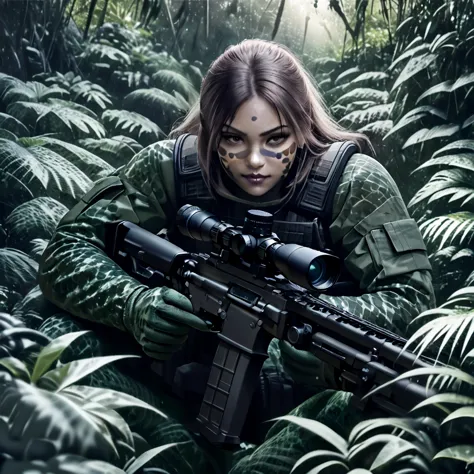 realistic highly detailed transparent stealth female combat squad,multiple transparent stealthy female soldiers in jungle,blurre...