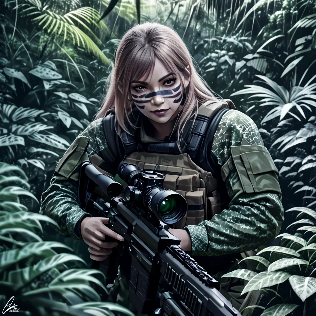 realistic highly detailed transparent stealth female combat squad,multiple transparent stealthy female soldiers in jungle,blurred body outlines,aiming sniper rifle at camera,realistic,photorealistic style,dense lush jungle,hidden in foreboding jungle,face painted with intricate patterns,blending into jungle,glimpses of face and hands,dark due to lack of direct sunlight in deep jungle