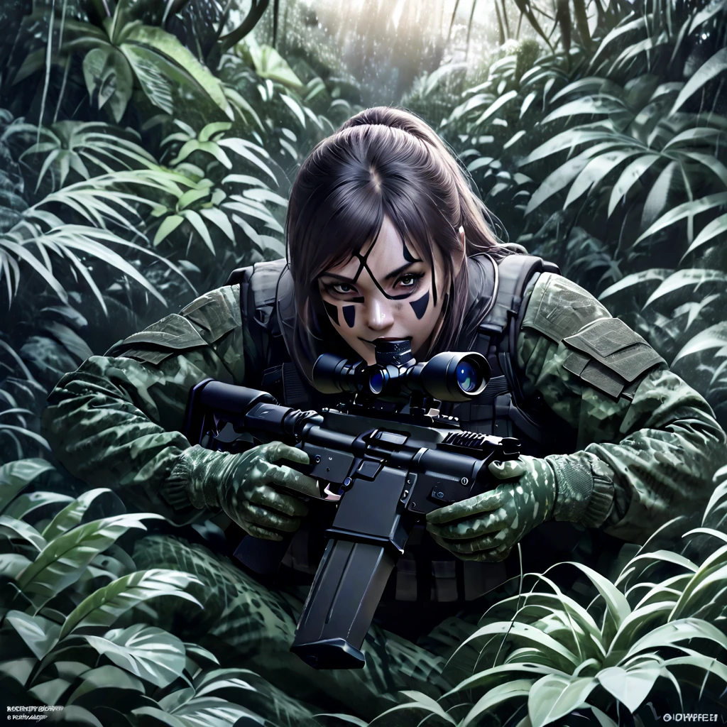 realistic highly detailed transparent stealth female combat squad,multiple transparent stealthy female soldiers in jungle,blurred body outlines,aiming sniper rifle at camera,realistic,photorealistic style,dense lush jungle,hidden in foreboding jungle,face painted with intricate patterns,blending into jungle,glimpses of face and hands,dark due to lack of direct sunlight in deep jungle