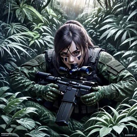 realistic highly detailed transparent stealth female combat squad,multiple transparent stealthy female soldiers in jungle,blurre...