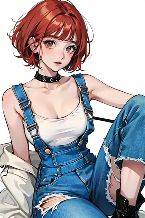 punk_girl,bobcut, bright red hair, strong natural perm, has a bandage on his nose , tube tops, distressed denim overalls, wearin...