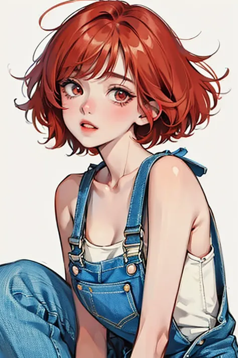 punk_girl,bobcut, bright red hair, strong natural perm, has a bandage on his nose , tube tops, distressed denim overalls, wearin...