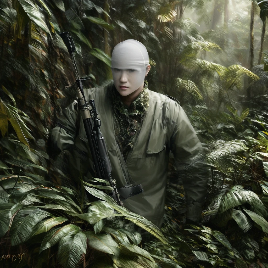 ((Invisible Man:1.5))、Stealth Infantry Combat Group、Invisible Manの複数の女性兵士、The outline of the body is blurred and unclear、He pointed the muzzle of his sniper rifle at me and glared at me.、((Realistic、Real Photo Style))、Dense Jungle、Hiding in the dense jungle、Apply detail paint to face、Assimilating into the jungle、The face and hands are barely visible.。It&#39;s dark because the sunlight doesn&#39;t reach the deep jungle.。