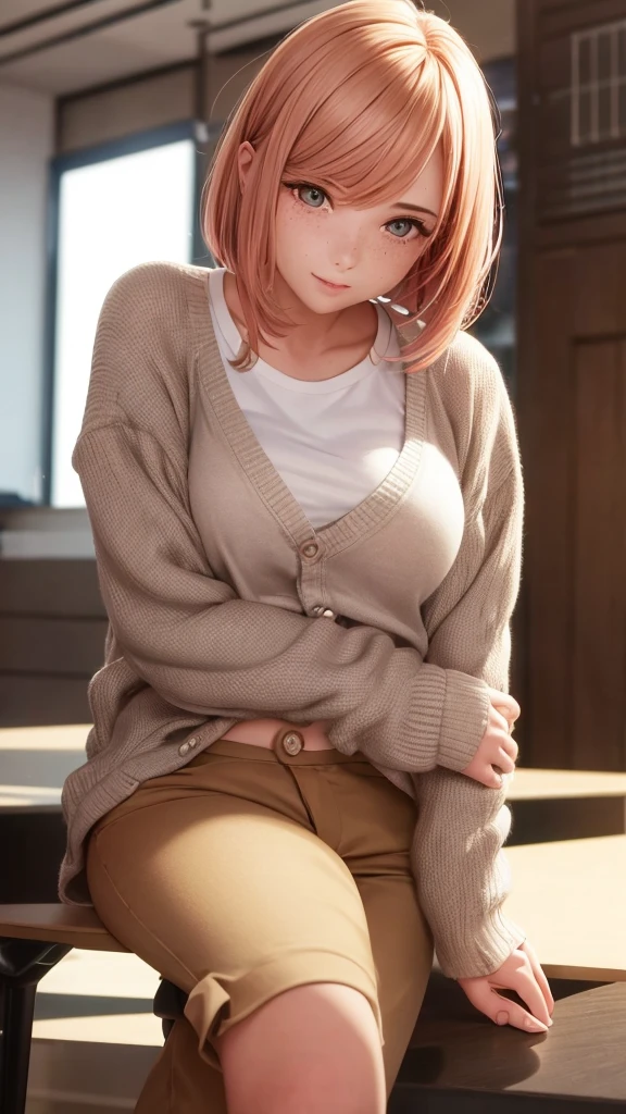 a closeup portrait of a girl, classic bob, amazing body, pronounced feminine feature, busty, [ash blonde | ginger | pink hair], freckles, flirting with camera, Boxy Crop Fit: Relaxed with no definition at the waist. Straight linen pants, t-shirt, cardigan sweater, office background, seated with one elbow resting casually on her knee, the other hand relaxed or gently placed on her lap. Her body should be slightly leaned forward, creating a relaxed yet confident posture.