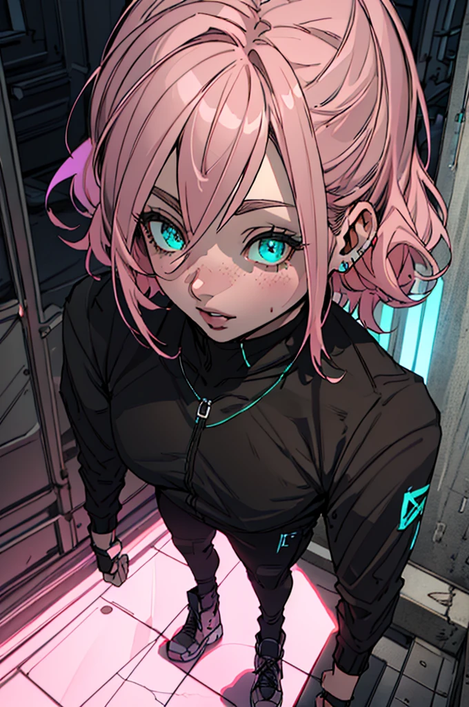 ((best quality, ultra-detailed, realistic)), HDR, UHD, studio lighting,1girl,professional,vivid colors,bokeh, portrait, shortpink hair, light pink hair, beautiful detailed eyes, pale skin, curvaceous, concrete, shadow, dark atmosphere, black ocultist outfit, pretty, delicate features, long lashes, big lips, beautiful, short straight hair, long lashes, big lips, beautiful, short straight hair, ((ocultist suit)), (((detailed face))), (((detailed eyes))), ((black magic)), ((necromancy)), ((turquoise eyes)), short hair, ((full body)), corpo inteiro