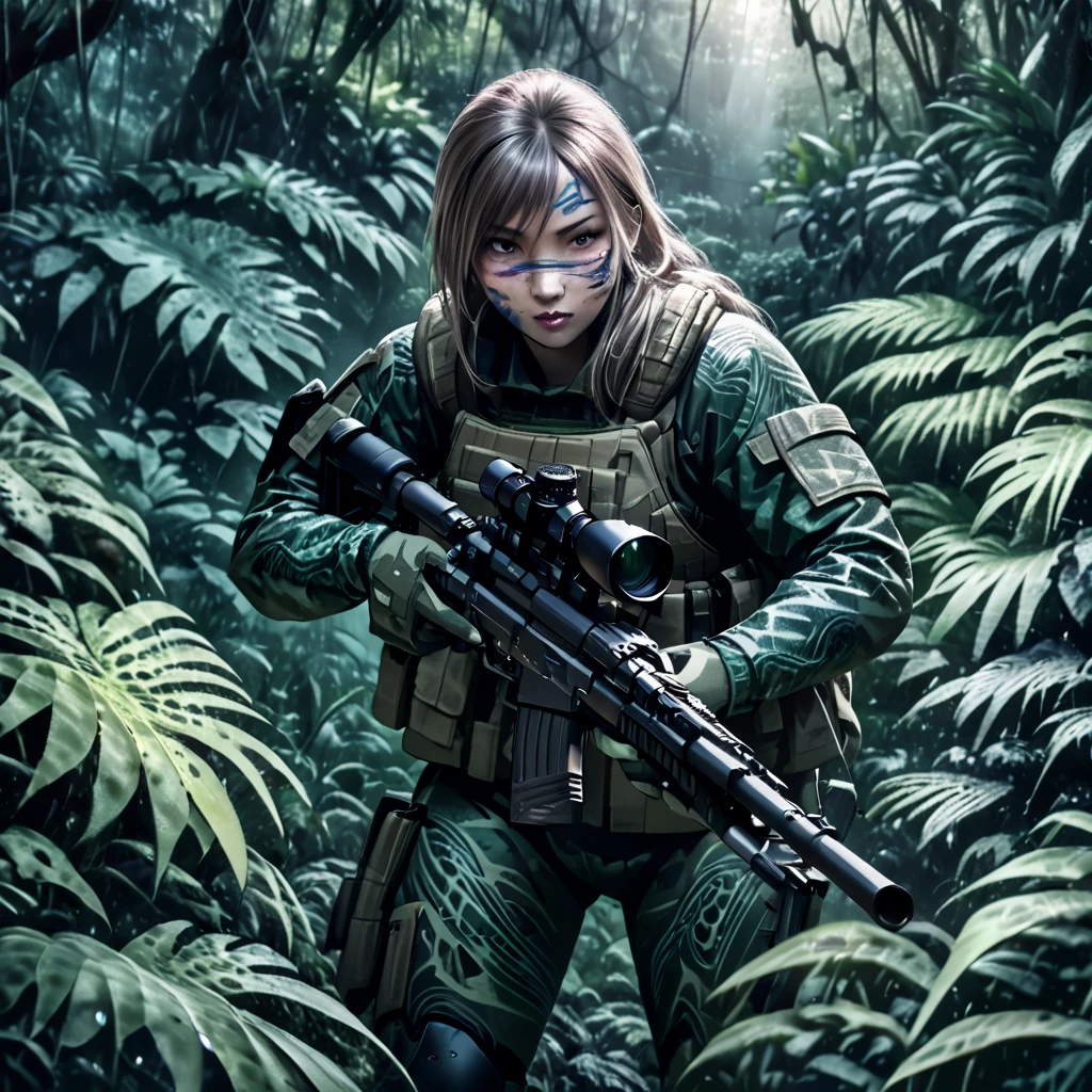 realistic highly detailed transparent stealth female soldier group in a lush dense jungle, multiple transparent female soldiers with blurred body outlines, aiming sniper rifle at viewer, realistic photorealistic style, camouflaged in the jungle, faces painted with intricate designs, barely visible faces and hands, dark and gloomy jungle with limited sunlight penetration