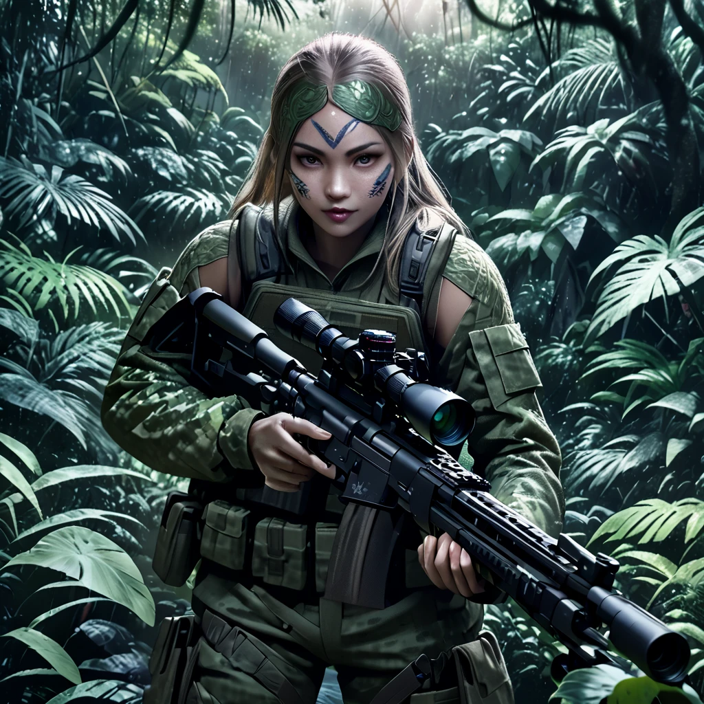 realistic highly detailed transparent stealth female soldier group in a lush dense jungle, multiple transparent female soldiers with blurred body outlines, aiming sniper rifle at viewer, realistic photorealistic style, camouflaged in the jungle, faces painted with intricate designs, barely visible faces and hands, dark and gloomy jungle with limited sunlight penetration