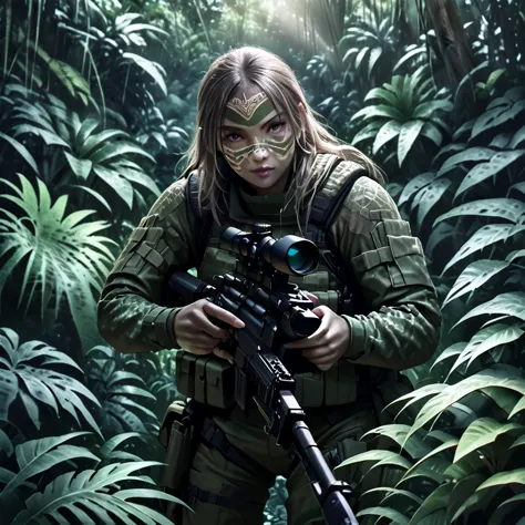 realistic highly detailed transparent stealth female soldier group in a lush dense jungle, multiple transparent female soldiers ...