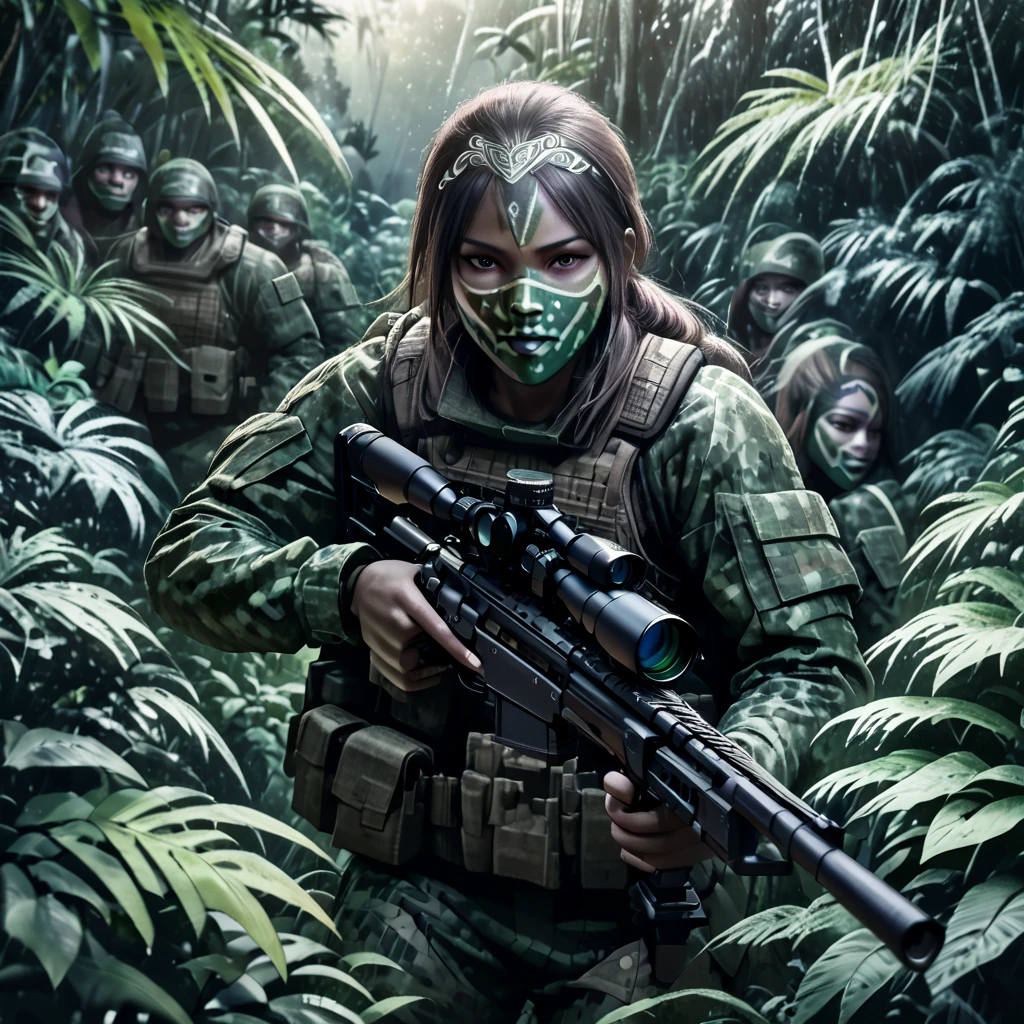 realistic highly detailed transparent stealth female soldier group in a lush dense jungle, multiple transparent female soldiers with blurred body outlines, aiming sniper rifle at viewer, realistic photorealistic style, camouflaged in the jungle, faces painted with intricate designs, barely visible faces and hands, dark and gloomy jungle with limited sunlight penetration