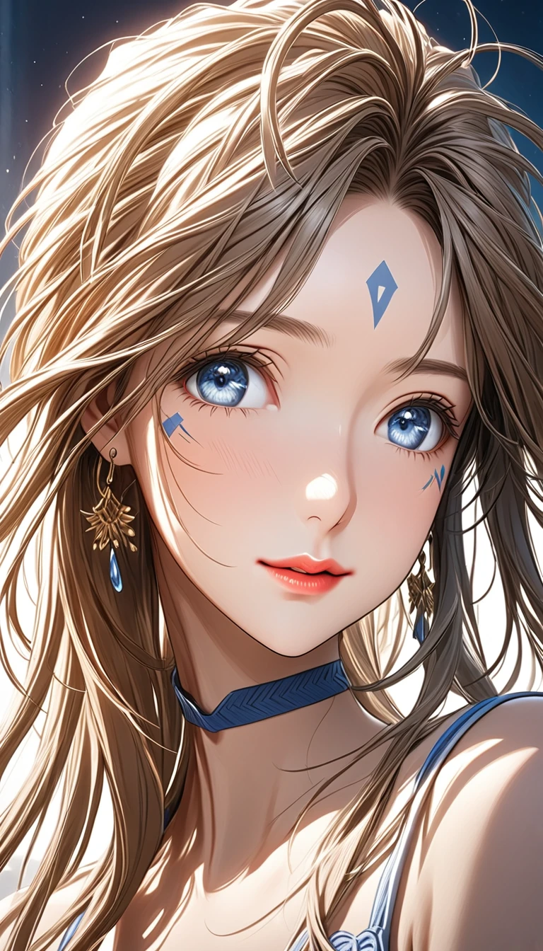 a beautiful young woman in a bikini, solo, detailed eyes, backlighting, ARW, intricate details, vivid colors, cinematic lighting, soft focus, elegant pose, serene expression, dramatic shadows, volumetric lighting, BREAK, Lovebell-SDXL, Belldandy, long ponytail, blue eyes, brown hair, choker, fingerless gloves, bracelet, earring, wedding-ring, BREAK, beautiful detailed eyes, beautiful detailed lips, extremely detailed face, elegant expression, mystical atmosphere, (best quality, highres, masterpiece:1.2), ((ultra detailed)), (realistic), portrait, dramatic lighting, sharp focus, HDR, score_9, score_8_up, score_7_up, face mark, forehead mark, upper body,