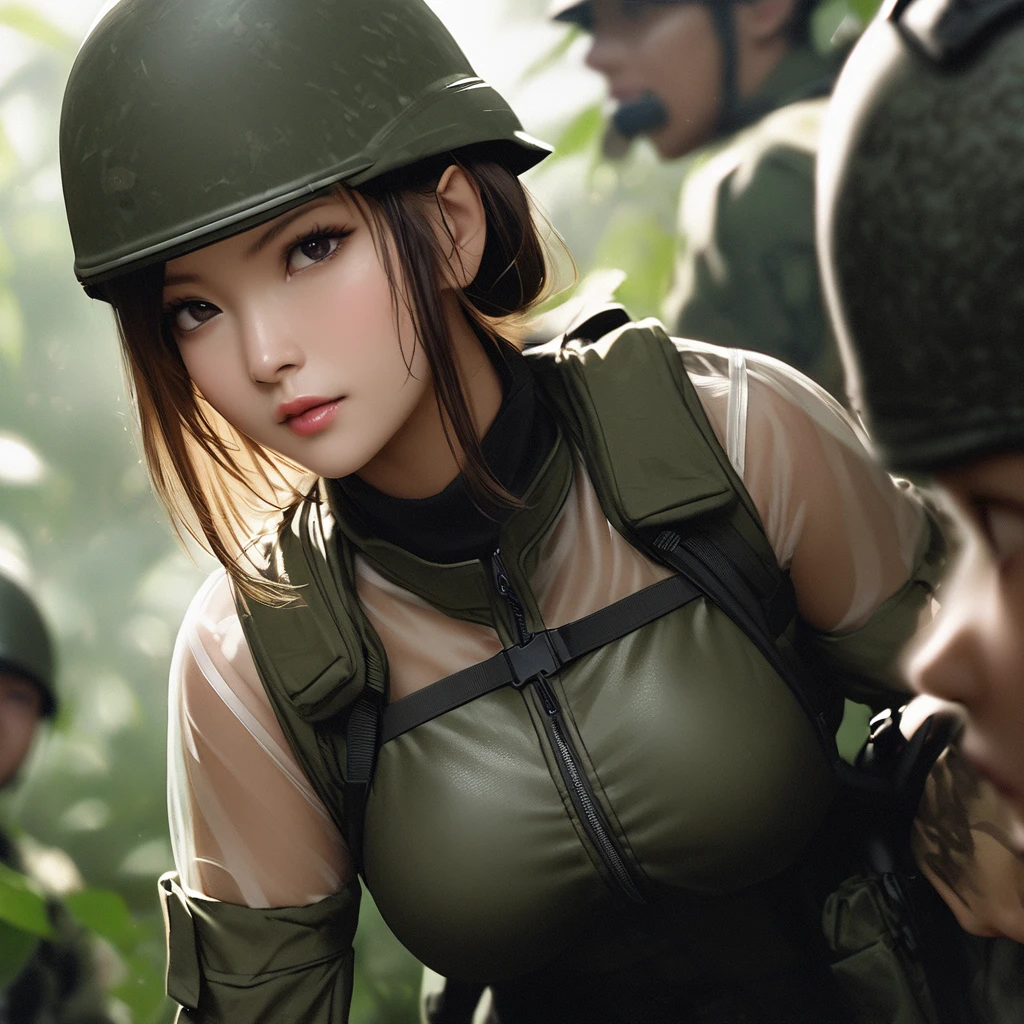 ((Female soldier in see-through combat uniform:1.5))、Stealth Infantry Combat Group、Invisible female soldiers、The outline of the body is blurred and unclear、He pointed the muzzle of his sniper rifle at me and glared at me.、((Realistic、Real Photo Style))、Dense Jungle、Hiding in the dense jungle、Apply detail paint to face、Assimilating into the jungle、The face and hands are barely visible.。It&#39;s dark because the sunlight doesn&#39;t reach the deep jungle.。