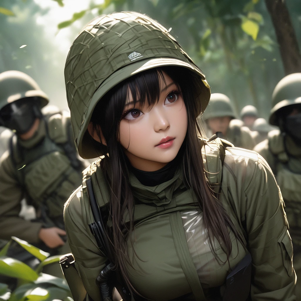 ((Female soldier in see-through combat uniform:1.5))、Stealth Infantry Combat Group、Invisible female soldiers、The outline of the body is blurred and unclear、He pointed the muzzle of his sniper rifle at me and glared at me.、((Realistic、Real Photo Style))、Dense Jungle、Hiding in the dense jungle、Apply detail paint to face、Assimilating into the jungle、The face and hands are barely visible.。It&#39;s dark because the sunlight doesn&#39;t reach the deep jungle.。