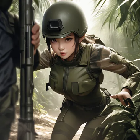 ((female soldier in see-through combat uniform:1.5))、stealth infantry combat group、invisible female soldiers、the outline of the ...