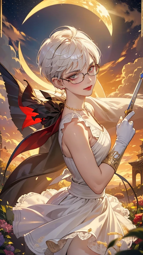 8k, masterpiece, best quality, highly detailed, 1 girl, tiefling, paladin, devil horns, pixie cut, multicolored hair, very short straight hair red highlight hair on white hair, strippled hair, wearing glasses, round glasses, earrings, red eyeshadow, long eyelashes, blushed cheek, red lips, pearl necklace, rings, collarbone, mole on face, glamorous, white and gold clothes, sleeveless, laced dress, miniskirt, smirk, close up view, rings, looking at viewer, solo, holding sword, sword point to the sky, starry sky, radiant gold moon, standing, golden halo, white lace gloves, heavenly scene, halo, holy palace in background.