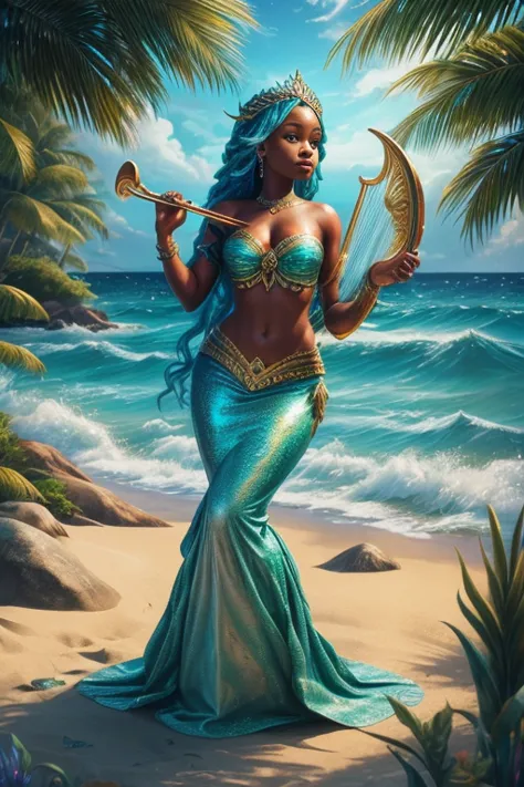 a painting of a mermaid playing a harp on the beach, mami wata, goddess of the ocean, goddess of the sea, portrait of mermaid wa...