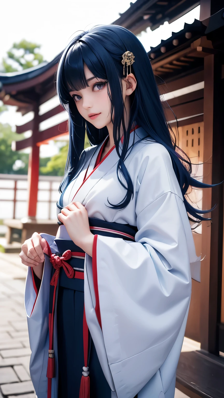 Japan人女性, Japan, (masterpiece, Best Quality), Intricate details, thin, ((slim)), beautiful girl, Straight Hair, Long Hair, Blue Hair, White skin, Light purple eyes, Sharp jawline, Messy Hair, lips, full boy shot, Grin, medieval japanese woman, a beautiful girl with long blue hair, bright blue hair, cute, kimono, middle ages鎌倉, temple, outdoor, japan, Japan, nepal, nun, middle ages, middle agesJapan