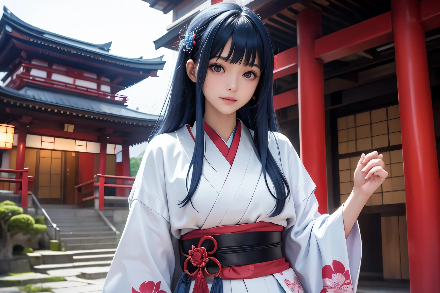 Japan人女性, Japan, (masterpiece, Best Quality), Intricate details, thin, ((slim)), beautiful girl, Straight Hair, Long Hair, Blue Hair, White skin, Light purple eyes, Sharp jawline, Messy Hair, lips, full boy shot, Grin, medieval japanese woman, a beautiful girl with long blue hair, bright blue hair, cute, kimono, middle ages鎌倉, temple, outdoor, japan, Japan, nepal, nun, middle ages, middle agesJapan