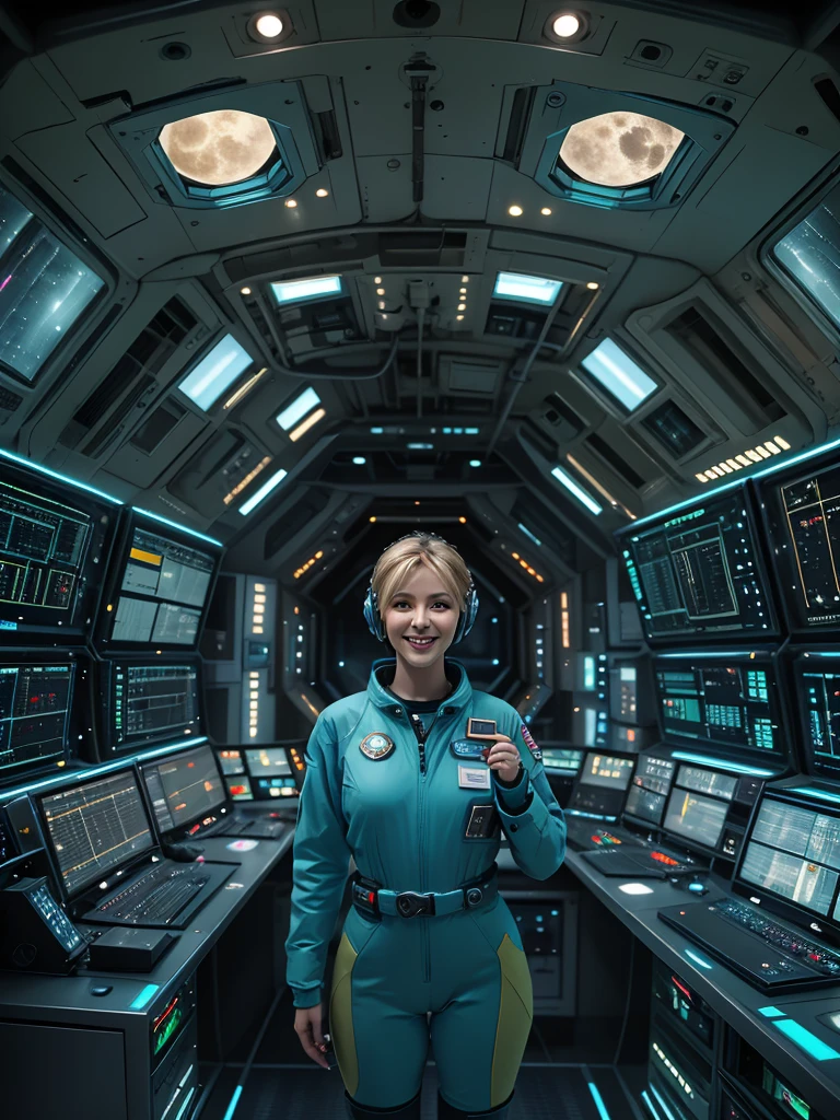 (masterpiece:1.4),(best quality, photorealistic), A beautiful Blonde woman with short Choppy Bob hair style, 4, she is wearing a full length Teal and copper space suit, she has perfect hands and face, ((she is standing in the large control room area of a giant space ship)), there is a control panel and some computer monitors, machines, and exclusive, Luxury, you can see a moon out of the window, space nebulas, control panel, she wears a gold badge, she has a sexy smile,