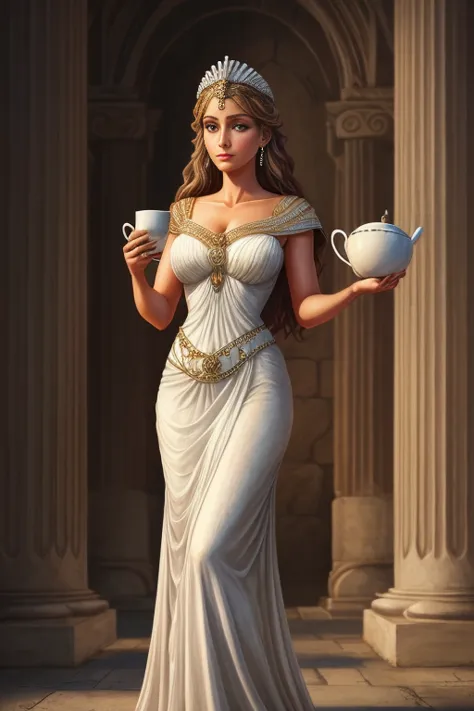 a cartoon picture of a woman in a white dress holding a cup, greek myth digital painting, the goddess hestia, greek goddess, gor...