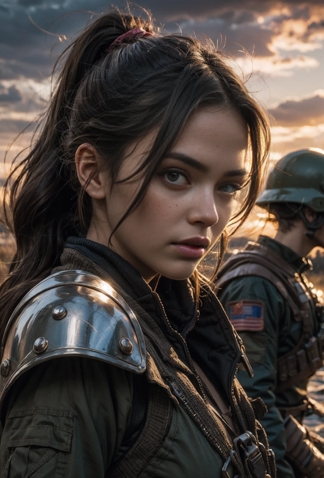 beautiful girl in a war-torn landscape, a sunny spring day, extremely detailed, masterpiece, best quality, high resolution, lush natural scenery, wet ground, 1 girl, brown hair in a ponytail, wearing military gear and armor, dirty face with blood splatters, dramatic cloudy sky