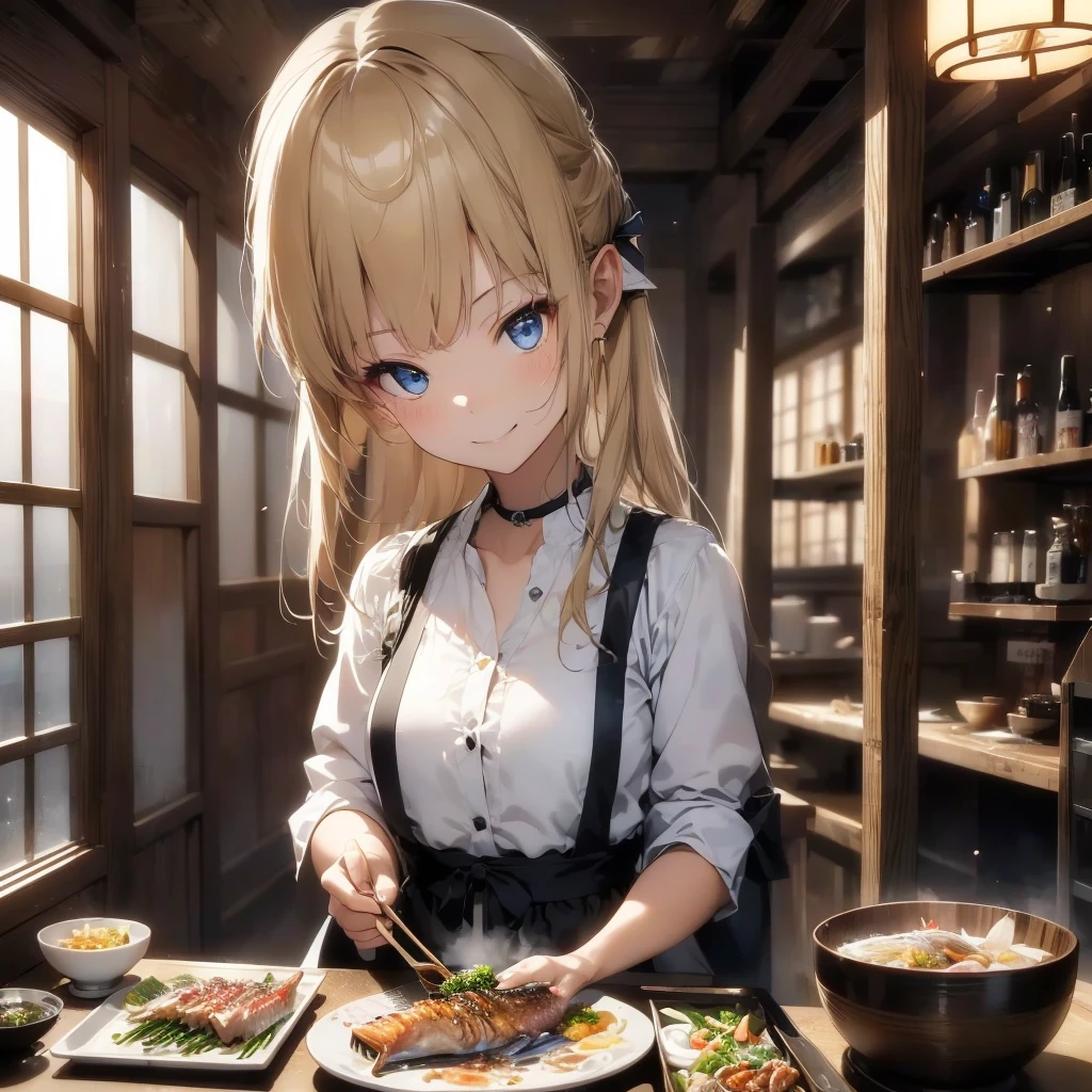 high quality, 8k. masterpiece, high quality, High resolution, Izakaya、A beautiful elven woman with long blonde hair and blue eyes、((Grilled Pacific saury))、(Japanese sake)、(Eating deliciously with chopsticks）、((delicious)),　((smile))、White shirt、