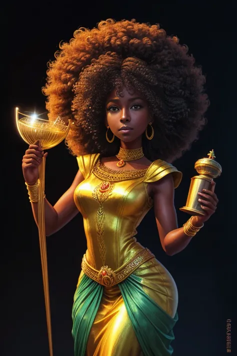 a cartoon picture of a woman with an afro holding a trophy, epic 3 d oshun, dark skin female goddess of love, black african prin...