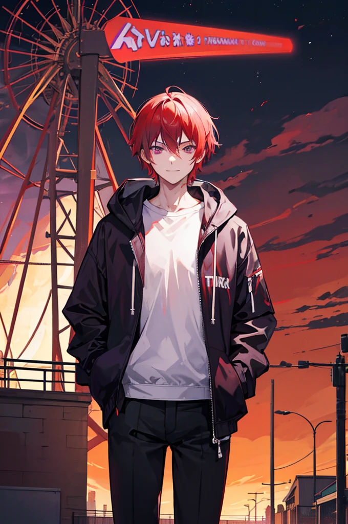 Face through torso, 1man, mature male in his 20s, short hair(Red hair, hair between eyes), sharp and masculine purple eyes(no highlights), sinister smile, mysterious aura like a mastermind behind all events, wearing white hoodie under casual jacket, black pants, controlling red death energy, standing in front of a closed amusement park's Ferris wheel at night with a blood-red moon in the background