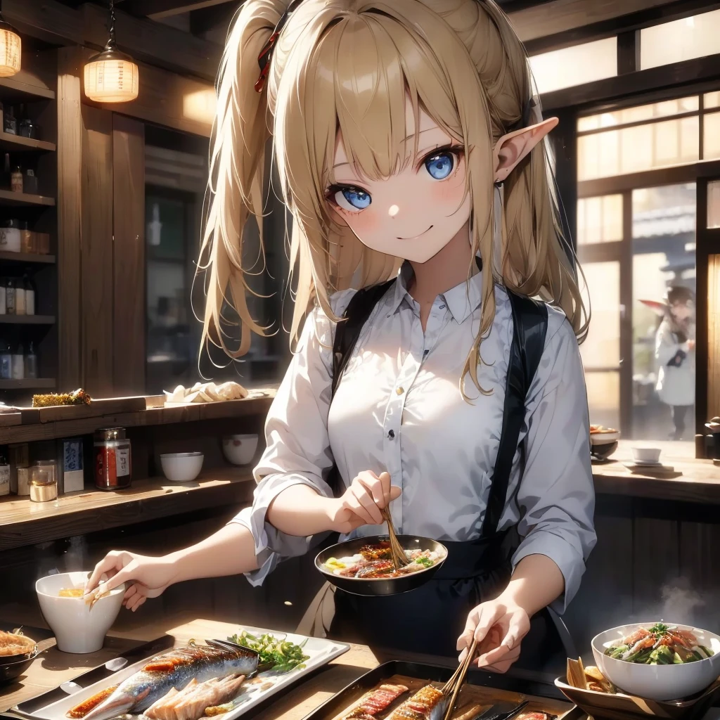 high quality, 8k. masterpiece, high quality, High resolution, Izakaya、A beautiful elven woman with long blonde hair and blue eyes、((Grilled Pacific saury))、(Japanese sake)、(Eating deliciously with chopsticks）、((delicious)),　((smile))、White shirt、