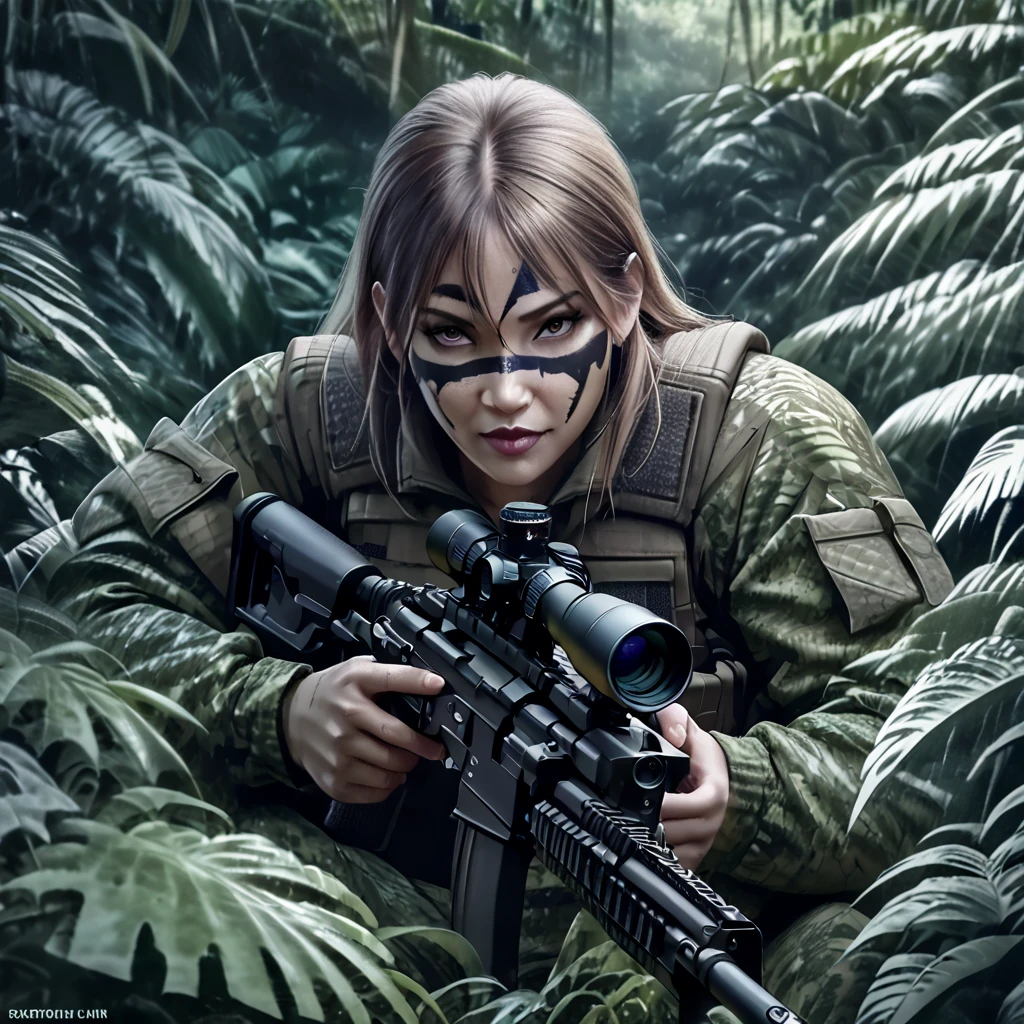 a woman soldier in camouflage body paint, stealthy combat squad, multiple invisible female soldiers, blurry body outlines, aiming sniper rifle at the viewer, realistic, photorealistic style, dense jungle, hidden in the lush jungle, face painted in intricate patterns, blending into the jungle, glimpses of face and hands visible, dark due to lack of sunlight in the deep jungle