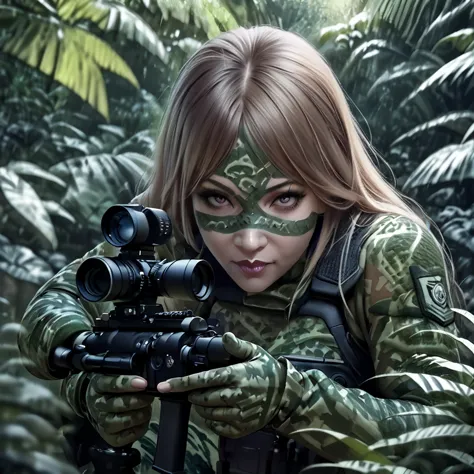 a woman soldier in camouflage body paint, stealthy combat squad, multiple invisible female soldiers, blurry body outlines, aimin...