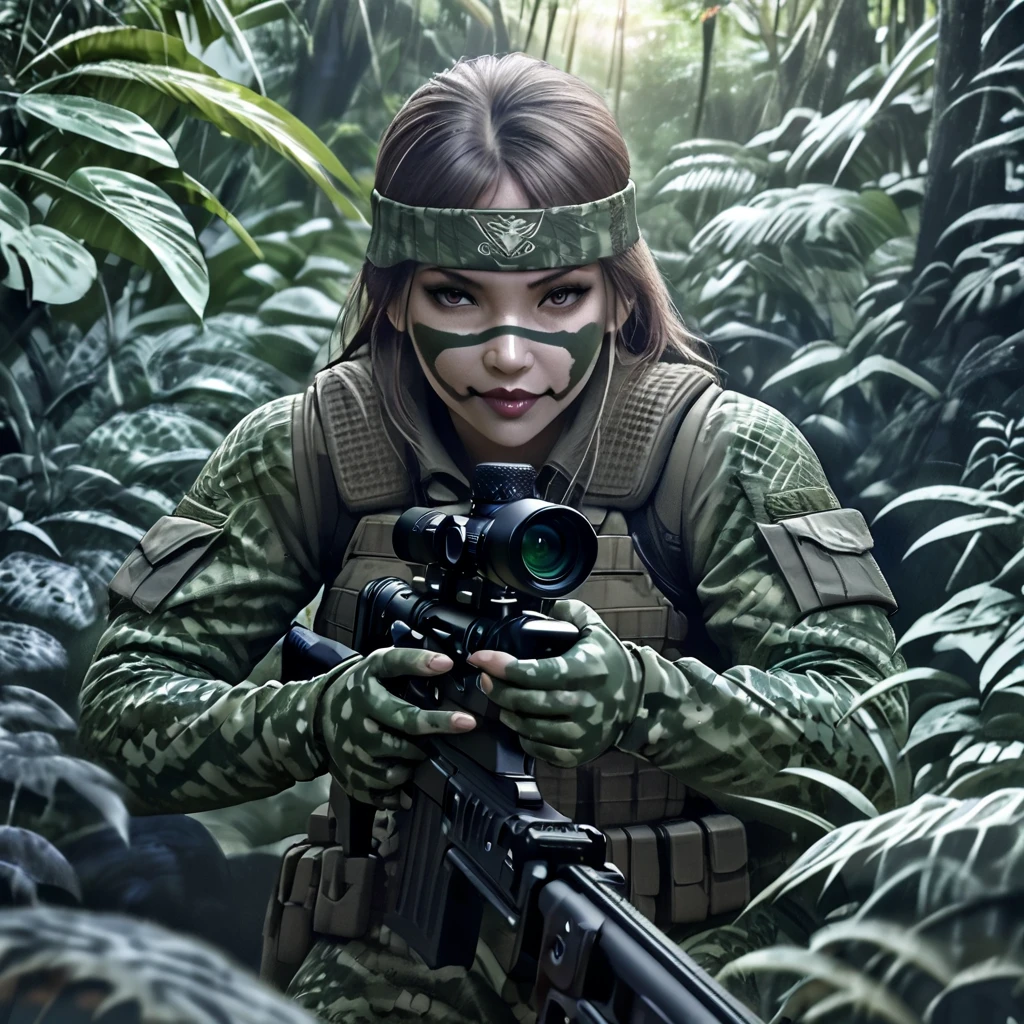 a woman soldier in camouflage body paint, stealthy combat squad, multiple invisible female soldiers, blurry body outlines, aiming sniper rifle at the viewer, realistic, photorealistic style, dense jungle, hidden in the lush jungle, face painted in intricate patterns, blending into the jungle, glimpses of face and hands visible, dark due to lack of sunlight in the deep jungle