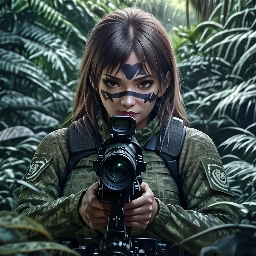 a woman soldier in camouflage body paint, stealthy combat squad, multiple invisible female soldiers, blurry body outlines, aiming sniper rifle at the viewer, realistic, photorealistic style, dense jungle, hidden in the lush jungle, face painted in intricate patterns, blending into the jungle, glimpses of face and hands visible, dark due to lack of sunlight in the deep jungle