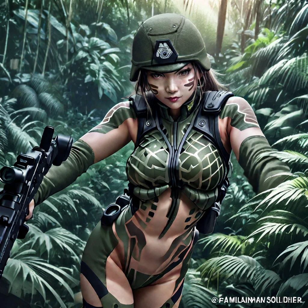 (a female soldier in a sheer combat uniform:1.5), stealth infantry combat group, multiple invisible female soldiers, blurry body outlines, aiming a sniper rifle at the viewer, (realistic, photorealistic style), dense jungle, hiding in the lush jungle, face painted with intricate patterns, camouflaged in the jungle, with only the face and hands visible, dark jungle with little sunlight penetrating