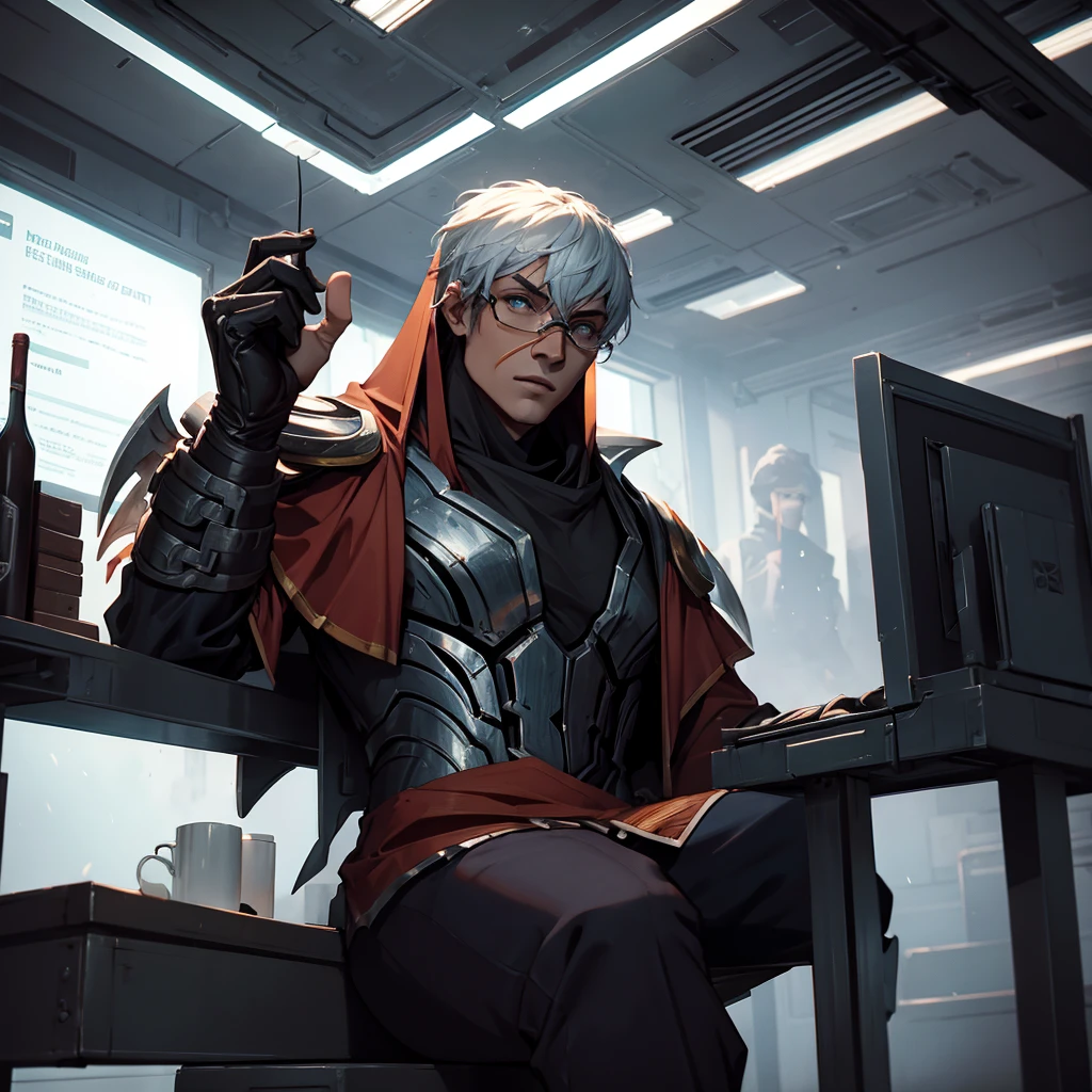 make a man in a futuristic setting sitting at a table