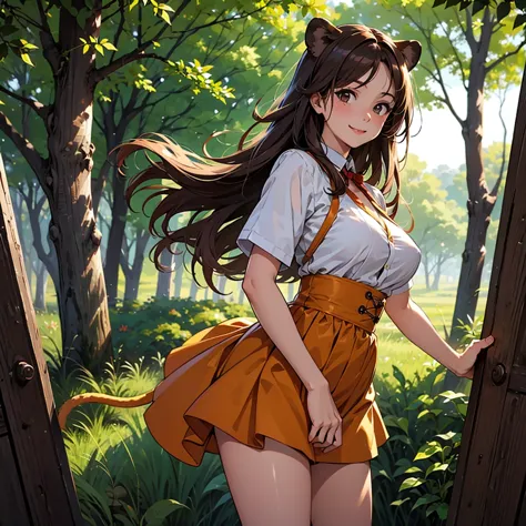 best quality、masterpiece、high resolution、teacher、round breasts、alone、facing forward and smiling、brown long hair、dressed as a lio...