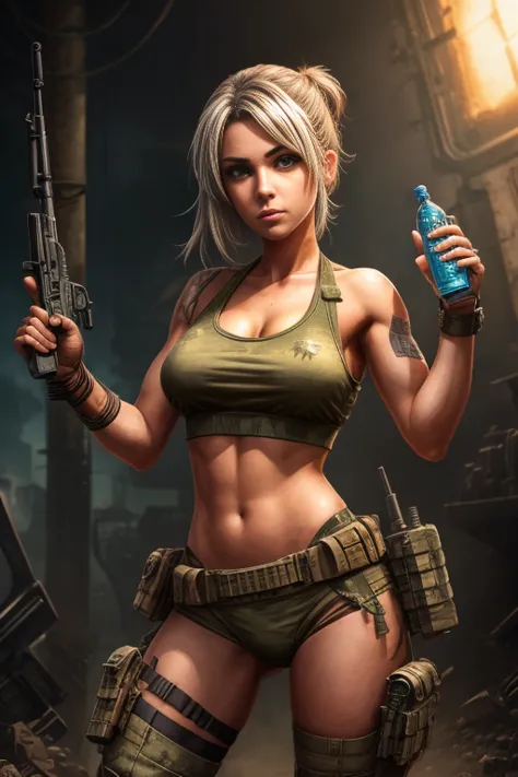 a woman in a tank top holding a gun and a bottle, mechanized soldier girl, tank girl, infantry girl, cutesexyrobutts, monstergir...