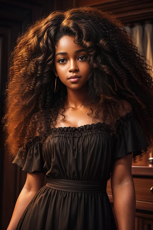 there is a woman with curly hair and a black dress, brown curly hair, curly haired, curly, curly hair, curly brown hair, long curly hair, long curly hair intricate, curls on top, with long curly hair, long dark curly hair, black curly hair, fair curly hair, her face framed with curls, curly afro, malika favre