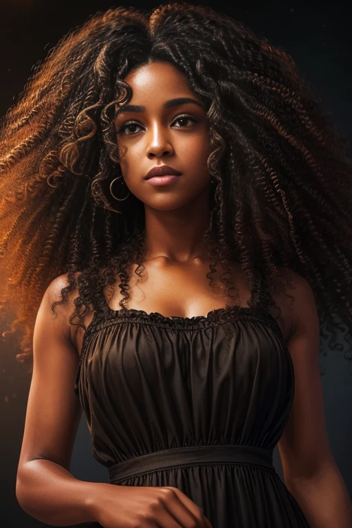 there is a woman with curly hair and a black dress, brown curly hair, curly haired, curly, curly hair, curly brown hair, long curly hair, long curly hair intricate, curls on top, with long curly hair, long dark curly hair, black curly hair, fair curly hair, her face framed with curls, curly afro, malika favre