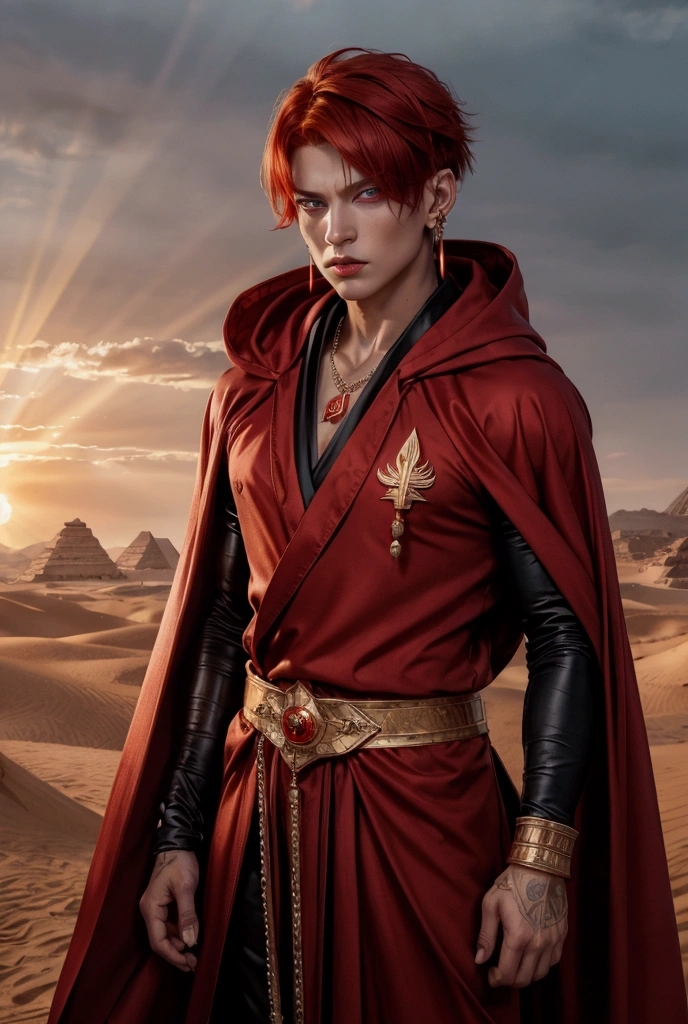 1 man,  handsome young man , earrings,  red hair with short bob haircut , , looks at the viewer with angry eyes ( red eyes ), красный pupils burning brightly, masterpiece, realistic anatomy sports, Divine Rays, 8K rendering, Gothic, Japanese style, realism, light robe of an Egyptian god ,   RED EYES ,, lip piercing, Scarlet eyes, full height, открыть clothes  ,stands in the middle of the desert ,gold jewelry,brave , дерзкий man , hood