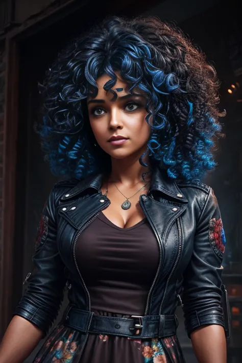 blue curly hair. deep dark and energetic coffee eyes. she wears a floral stamped dress with a leather jacket. busty. comic style...