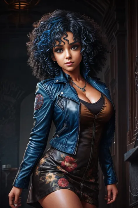 blue curly hair. deep dark and energetic coffee eyes. she wears a floral stamped dress with a leather jacket. busty. comic style...