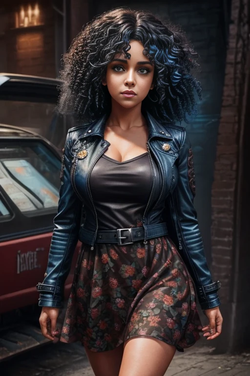 Blue curly hair. Deep dark and energetic coffee eyes. She wears a floral stamped dress with a leather jacket. busty. Comic style, marvel comics