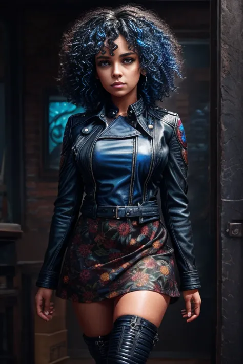 blue curly hair. deep dark and energetic coffee eyes. she wears a floral stamped dress with a leather jacket. busty. comic style...